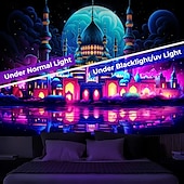 levne Tapiserie Blacklight-ramadán mešita blacklight gobelín uv reaktivní záře ve tmě trippy mlhavá příroda krajina závěsná gobelín nástěnná malba pro obývací pokoj ložnice