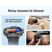 abordables Relojes inteligentes-Reloj inteligente x100 para hombres con llamada Bluetooth, reloj de pulsera con pantalla grande de 1,43 pulgadas, ECG, control de la salud y la glucosa en sangre, reloj inteligente deportivo para