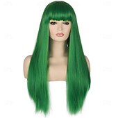 voordelige Feestpruiken-Dames 26 lange rechte groene synthetische bestendige haarpruiken met pony Natuurlijk ogende pruik voor dames Halloween cosplay St. Patrick&#039;s Day pruiken