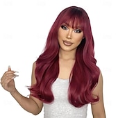 economico Parrucche trendy sintetiche-parrucca ramata con frangia parrucche di capelli naturali per le donne parrucca lunga a strati per le ragazze radici scure parrucca rame rosso ombre resistente al calore parrucca sintetica arancione