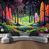 olcso Feketeművilágítás-blacklight gobelin uv reaktív izzás a sötét erdőben trippy ösvény ködös természet táj függő gobelin fali művészeti falfestmény nappali hálószobába