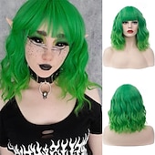 economico Parrucche da festa-parrucca da donna verde brillante ombre parrucca corta riccia ondulata lunghezza spalla frangia piatta parrucca per donna ragazza cosplay festa di halloween berretto per parrucca incluso parrucche