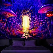 cheap Blacklight Tapestries-Blacklight Tapestry UV Reactive Glow in the Dark Glow Party Neon Mushrooms Forest Psychedelic Trippy Misty Hanging Tapestry Wall Art Mural for Living