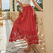 abordables Jupes-Femme Jupe Trapèze Balançoire Bohême Mode Décontractées Bohème Maxi Taille haute Jupes Floral Cordon Imprimer Pointes fourchues Vacances du quotidien Jaune Rouge Vert Eté Rayonne