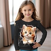 billiga Flickans 3D-djur-Flickor 3D Tecknat Katt Volang T-shirt Rosa Långärmad 3D-tryck Vår Höst Aktiv Mode söt stil Barn 3-12 år Rund hals Utomhus Ledigt Dagligen Normal