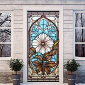Недорогие Дверные чехлы-витражи цветочные дверные покрытия фреска декор дверной гобелен дверной занавес украшение фон дверной баннер съемный для входной двери в помещении и на открытом воздухе украшение для дома и комнаты