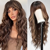 abordables Perruques Synthétiques Sans Bonnet-Perruques blondes sales ombrées avec frange blonde longue perruque ondulée pour femmes perruque de cheveux synthétiques bouclés longs pour usage quotidien de fête 24 pouces