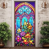 billige Dørdeksler-farget glass mandala dørdeksler veggmaleri dekor dør billedvev dør gardin dekorasjon bakteppe dør banner avtakbar for inngangsdør innendørs utendørs hjemme rom dekorasjon gårdshus dekor forsyninger