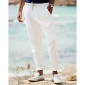 cheap Holiday-Men&#039;s Linen Pants Drawstring Elastic Waist Plain Breathable Soft Casual Weekend Fashion Streetwear Loose Fit White Micro-elastic