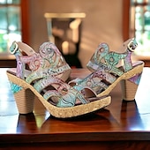 billige Plattformhæler-Dame Høye hæler Sandaler Håndlagde sko Vintage sko Fest Daglig Strand Blomstret Konisk hæl Fantasihæl Elegant Bohem Årgang Lær Spenne Rød Blå Brun