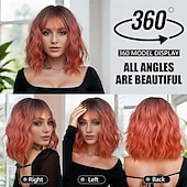economico Parrucche da festa-Parrucca ombre rosa parrucche bob ondulate corte per donne con frangia lunghezza spalla parrucca sintetica per cosplay e feste per ragazze parrucche colorate per uso quotidiano parrucche di Halloween