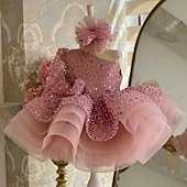 abordables Robes de fête-Enfants Fille Robe de fête Couleur unie Manches 3/4 Utilisation Mariage Maille Princesse Doux Maille Mi-mollet Robe Fourreau Robe en Tulle Robe de demoiselle d&#039;honneur Eté Printemps Automne 2-12 ans