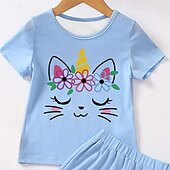 cheap Girl&#039;s 3D Cartoon-Girls&#039; 3D Unicorn Tee &amp; Shorts Pajama Set Pink Short Sleeve 3D Print Summer Active Fashion Cute Polyester Kids 3-12 Years Crew Neck Home Causal Indoor Regular Fit
