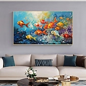 abordables Peintures à l&#039;huile-Peinture à l&#039;huile de poissons nageurs peints à la main sur toile, peinture animale extra large, art mural fait à la main, art abstrait de poisson, peinture personnalisée, décoration minimaliste pour