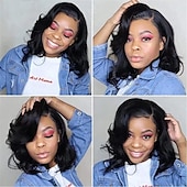 voordelige Pruiken van echt haar, met kanten voorzijde-kant voorpruik kort krullend bob pruik lace front bob pruiken voor zwarte vrouwen grote krullend dame zijdeel pruiken menselijk haar body wave pruik voor vrouwen zwart