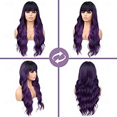 abordables Perruques Synthétiques Sans Bonnet-Perruque violette avec frange perruque noire et violette longue perruque ondulée bouclée avec racines foncées perruques synthétiques ombrées résistantes à la chaleur pour femmes utilisation
