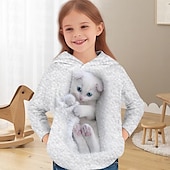 billiga Flickans 3D-djur-Flickor 3D Katt Huvtröja Pullover Långärmad 3D-tryck Vår Höst Aktiv Mode söt stil Barn 3-12 år 4-12 år Huva Utomhus Ledigt Dagligen Normal
