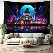 levne Tapiserie Blacklight-ramadán mešita blacklight gobelín uv reaktivní záře ve tmě trippy mlhavá příroda krajina závěsná gobelín nástěnná malba pro obývací pokoj ložnice