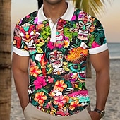 preiswerte Hawaii-Poloshirt für Herren-Kentucky Derby Herren Tiki Golfshirt Kurzarm Polo-Shirts Hemden mit Kragen Lässig Strandbekleidung Urlaubskleidung Tropenkleidung Party-Outfits Knöpfe 3D-Druck Sommer Gelb Rosa Purpur