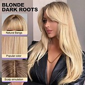 abordables Pelucas de fiesta-Peluca larga rubia en capas con flequillo pelucas de cabello lacio para mujeres peluca sintética resistente al calor aspecto natural para fiestas cosplay uso cotidiano pelucas de Halloween