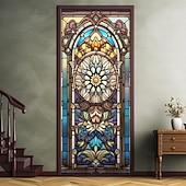 billige Dørdeksler-farget glass mandala dørdeksler veggmaleri dekor dør billedvev dør gardin dekorasjon bakteppe dør banner avtakbar for inngangsdør innendørs utendørs hjemme rom dekorasjon gårdshus dekor forsyninger