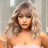 billige Syntetiske trendy parykker-kort ombre blond parykk med smell skulderlengde krøllete bob parykk for kvinner naturlig utseende syntetisk krøllet blond bob parykk for fest og daglig bruk