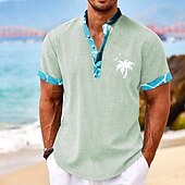levne Tropické rostliny-Pánské Kokosová palma Tropické rostliny Košile Letní košile Havajská košile Krátký rukáv Košile Stojáček Henley Collar Havajské Letovisko Dovolená Jdeme ven Pláže Světle modrá Bílá Trávová zelená S M