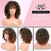 economico Parrucche da festa-Parrucche Corte Ricce per Donne Nere - Ombre Marrone Colorato Afro Parrucche Sintetiche Ricce con Frangia Parrucche di Halloween