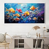 abordables Peintures à l&#039;huile-Peinture à l&#039;huile de poissons nageurs peints à la main sur toile, peinture animale extra large, art mural fait à la main, art abstrait de poisson, peinture personnalisée, décoration minimaliste pour