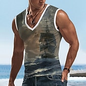 cheap 3D T shirts-Men&#039;s Graphic Sailboat Tank Top Vest Top Sleeveless T Shirt for Men Sleeveless T shirt 3D Print V Neck Shirt Daily Designer Casual Sports Outdoor Holiday Gym Blue Sky Blue Orange Summer Clothing