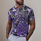 billige Geometrisk polo for menn-Herre Grafisk Golf skjorte Kortermet Poloskjorter Skjorter med krage Fritid Ferieklær Rave Wear Festantrekk Knapper 3D-utskrift Sommer Sølv Gul Rød