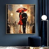 cheap People Paintings-Walking In The Rain Stretched Canvas Handpainted Wall Art Colorful Abstract Pop Art Design Lover Walking With An Umbrella In The Rain Stretched Canvas