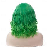 economico Parrucche da festa-parrucca da donna verde brillante ombre parrucca corta riccia ondulata lunghezza spalla frangia piatta parrucca per donna ragazza cosplay festa di halloween berretto per parrucca incluso parrucche