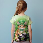 cheap Girl&#039;s 3D Animals-St. Patrick Girls&#039; 3D Cat Four Leaf Clover Tee Shirt Short Sleeve 3D Print Summer Active Fashion Cute Polyester Kids 3-12 Years Crew Neck Outdoor Casual Daily Regular Fit