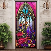 billige Dørdeksler-farget glass mandala dørdeksler veggmaleri dekor dør billedvev dør gardin dekorasjon bakteppe dør banner avtakbar for inngangsdør innendørs utendørs hjemme rom dekorasjon gårdshus dekor forsyninger