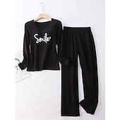 billiga Sovkläder till damer-kvinnors pyjamasset brev mode komfort hem daglig säng bomull andas rund hals långärmad t-shirt t-shirt byxa bröstkuddar sommar vår hem outfits