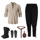 baratos Conjuntos-Medieval Renascentista Século XVII Comprimento Médio Botas Fantasia fantasia Calça Pirata Pirata Guerreiro Viking Com Cordão Cor Sólida Fantasia Homens Viking Pirata Dia Das Bruxas Carnaval