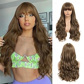 abordables Perruques Synthétiques Sans Bonnet-Perruque ondulée longue marron moyen avec frange pour femme 26 pouces d&#039;aspect naturel en fibre synthétique résistante à la chaleur de remplacement de cheveux d&#039;aspect naturel perruque longue ondulée