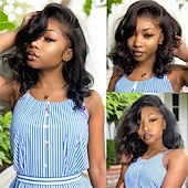 voordelige Pruiken van echt haar, met kanten voorzijde-kant voorpruik kort krullend bob pruik lace front bob pruiken voor zwarte vrouwen grote krullend dame zijdeel pruiken menselijk haar body wave pruik voor vrouwen zwart