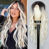 abordables Perruques de fête-Perruque longue ondulée pour femme - Vert ombré - Partie centrale - Bleu sarcelle - Cheveux synthétiques longs bouclés résistants à la chaleur avec naissance des cheveux naturelle - Pour cosplay,