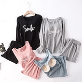 billiga Sovkläder till damer-kvinnors pyjamasset brev mode komfort hem daglig säng bomull andas rund hals långärmad t-shirt t-shirt byxa bröstkuddar sommar vår hem outfits