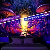 cheap Blacklight Tapestries-Blacklight Tapestry UV Reactive Glow in the Dark Glow Party Neon Mushrooms Forest Psychedelic Trippy Misty Hanging Tapestry Wall Art Mural for Living