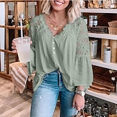 cheap Basic Women&#039;s Tops-Shirt Boho Shirt Lace Shirt Blouse Women&#039;s Black White Pink Solid Color Lace Button Street Daily Fashion V Neck S