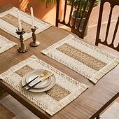 abordables Manteles-Estera de comida de cuerda de cáñamo, estera de vajilla de algodón y lino con forma de diamante geométrico, color tejido a juego, estera para cuenco con borlas de vacaciones, material natural, estilo