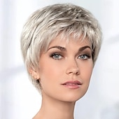 cheap Older Wigs-Pixie Cut Short Gray Wigs for White Women Sassy Short Haircuts for Older Lady Mixed Black Grey Highlight Synthetic Wig with Bangs for Daily Party Use