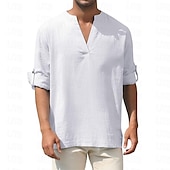 economico Casual da lavoro-Per uomo Camicia Camicia di lino Camicia bianca di cotone Camicia Estiva Camicia da Spiaggia Camicia in cotone e lino Semplice Vacanza Camicia hawaiana Bianco Giallo Verde militare Manica Lunga