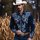 cheap Men&#039;s Western Shirts-Men&#039;s Floral Graphic Prints Leaves Shirt Western Shirt Long Sleeve Shirt Turndown Outdoor Street Black Red Navy Blue Print Button-Down Clothing Apparel Fashion Streetwear Designer Western Style