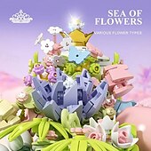 billiga Byggleksaker-kvinnodagspresenter 632 st paviljong vid vattnet blomma blommande pedagogisk med ljus romantisk design födelsedagspresent kvinnodag mors dag presenter till flickor mors dag presenter till mamma