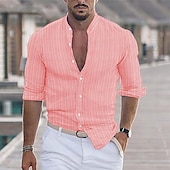 preiswerte Business Casual-Herren Hemd leinenhemd Baumwoll-Leinenhemd Weißes Baumwollhemd Hemd mit chinesischem Kragen Hemd mit Stehkragen Einfach Urlaub Hawaiianisch Schwarz Weiß Rosa Blau Langarm Großvaterkragen Frühling