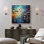 abordables Peintures à l&#039;huile-Peinture à l&#039;huile de poissons nageurs peints à la main sur toile, peinture animale extra large, art mural fait à la main, art abstrait de poisson, peinture personnalisée, décoration minimaliste pour